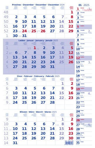 Čtyřměsíční kalendář 2025 modrý s poznámkami - nástěnný kalendář