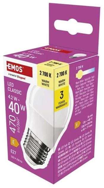 Emos LED žárovka Classic Mini Globe / E27 / 4,2 W (40 W) / 470 lm / teplá bílá
