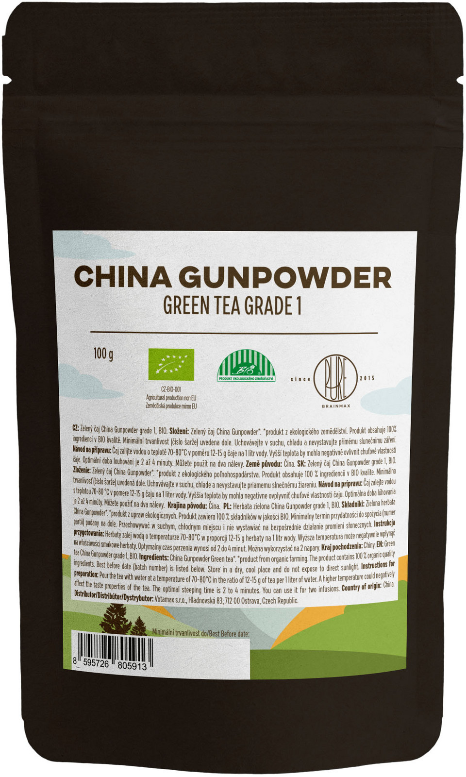 BrainMax Pure China Gunpowder Grade 1, zelený čaj, BIO, 100 g