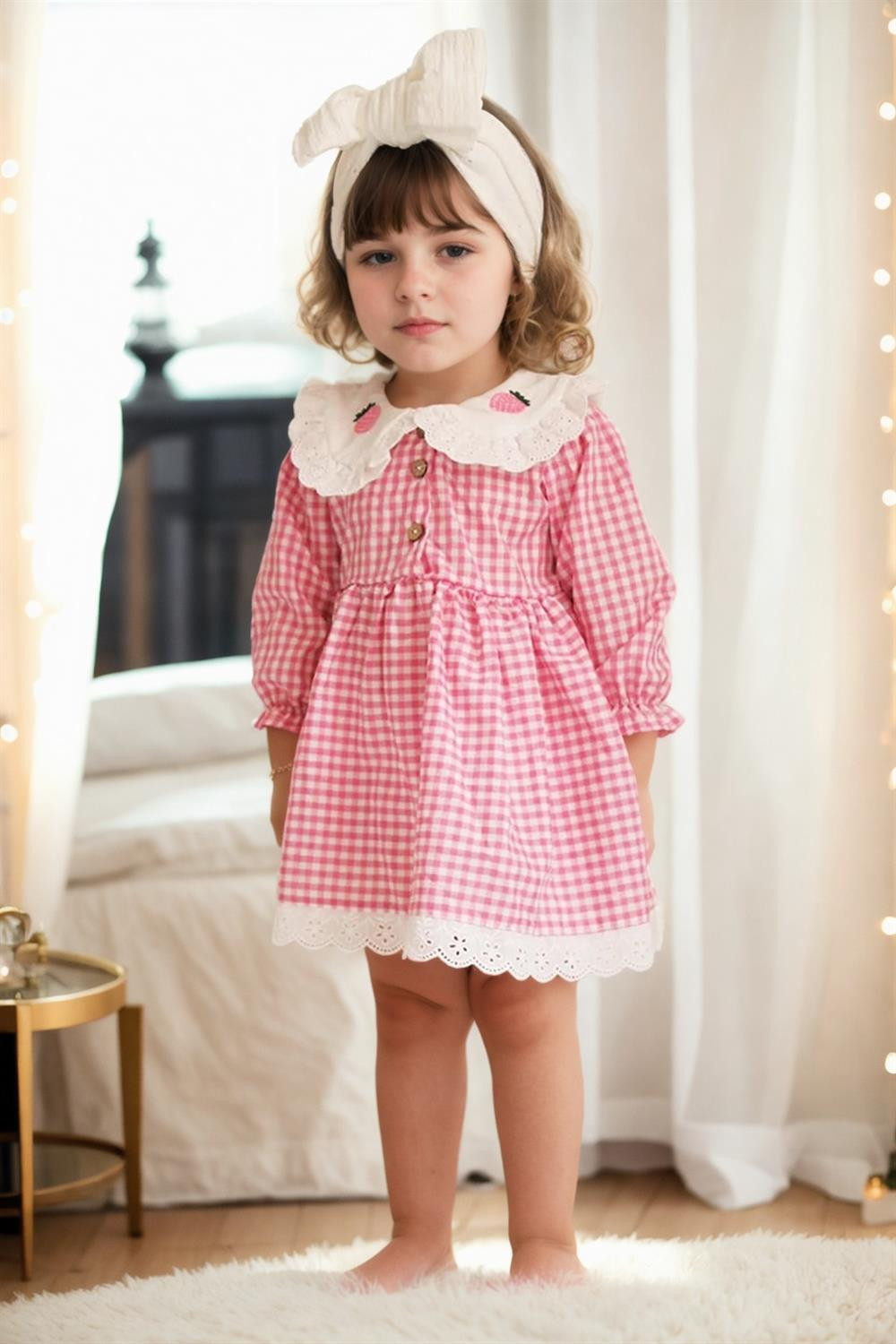 N0881 Dewberry Girls Pink Dress with Strawberry Embroidery-PEMBE