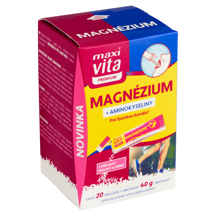 Maxi Vita Premium Magnézium + aminokyseliny s příchutí maliny a višně 20 sáčků 40g