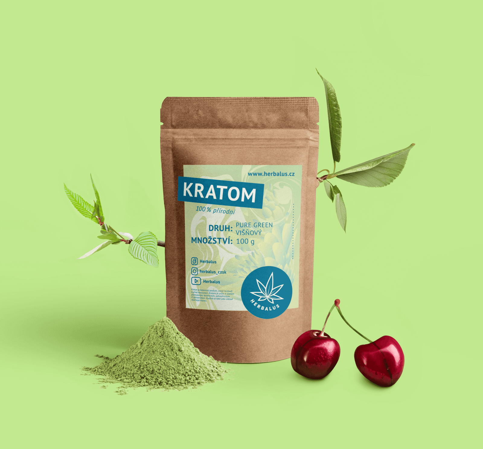 Herbalus Ochucený kratom - Pure Green -  Višeň [ 50 g ]