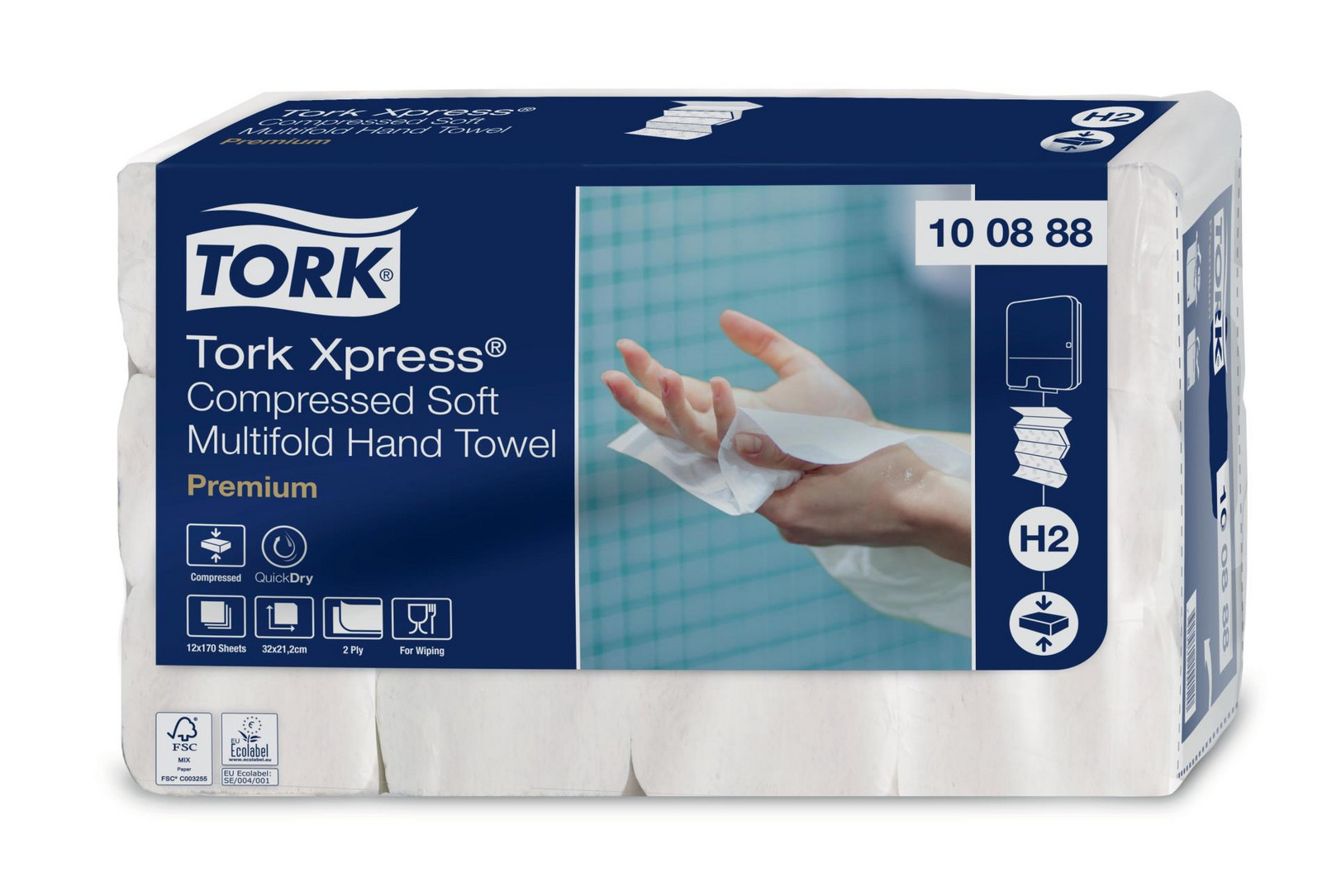 Skládané papírové ručníky Tork Premium - H2, 2vrstvé, bílé, 12 x 170 ks