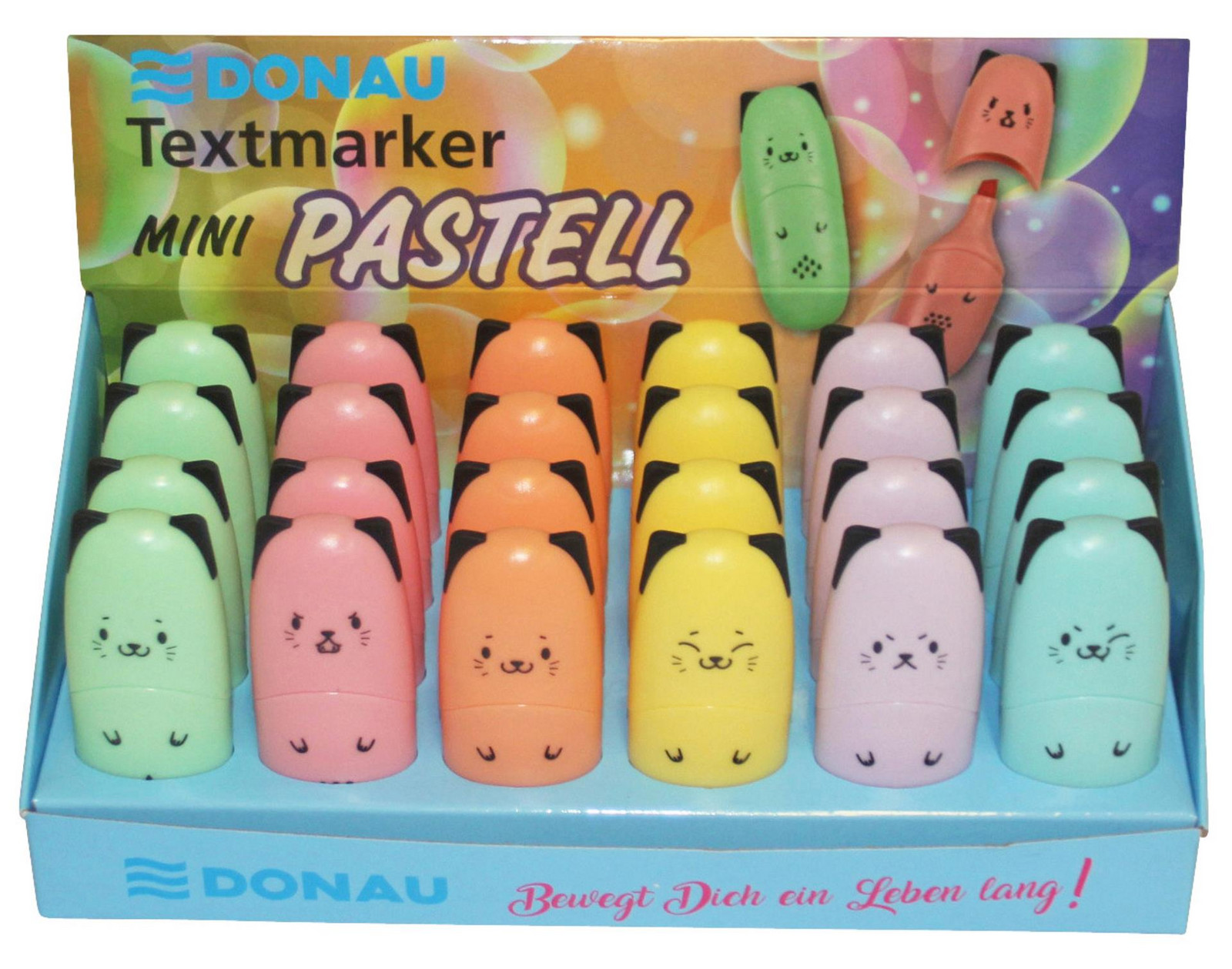 Zvýrazňovač Donau mini - kočičí design, sada 24 pastelových barev