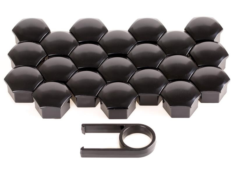 Kryty šroubů kol, 17 mm, černé, s pinzetou, 21 ks