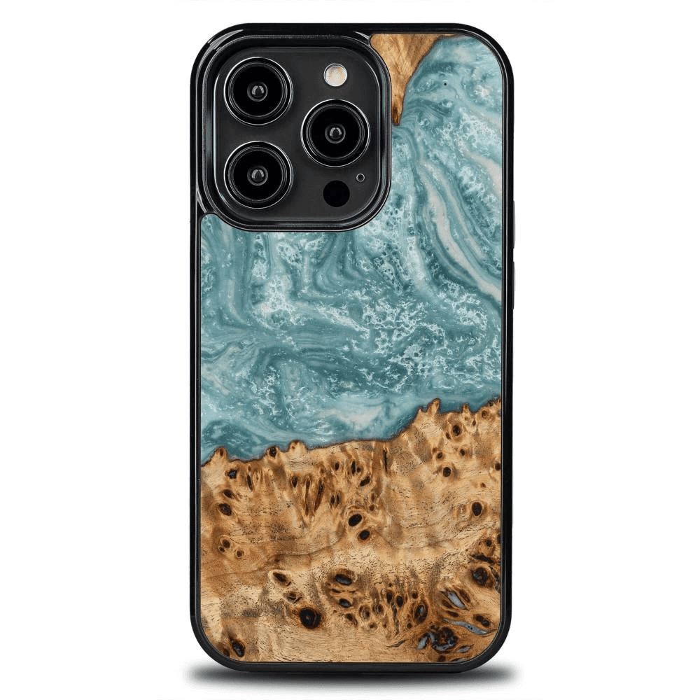 Pouzdro Bewood Unique Uranium ze dřeva a pryskyřice pro iPhone 15 Pro - modré a bílé
