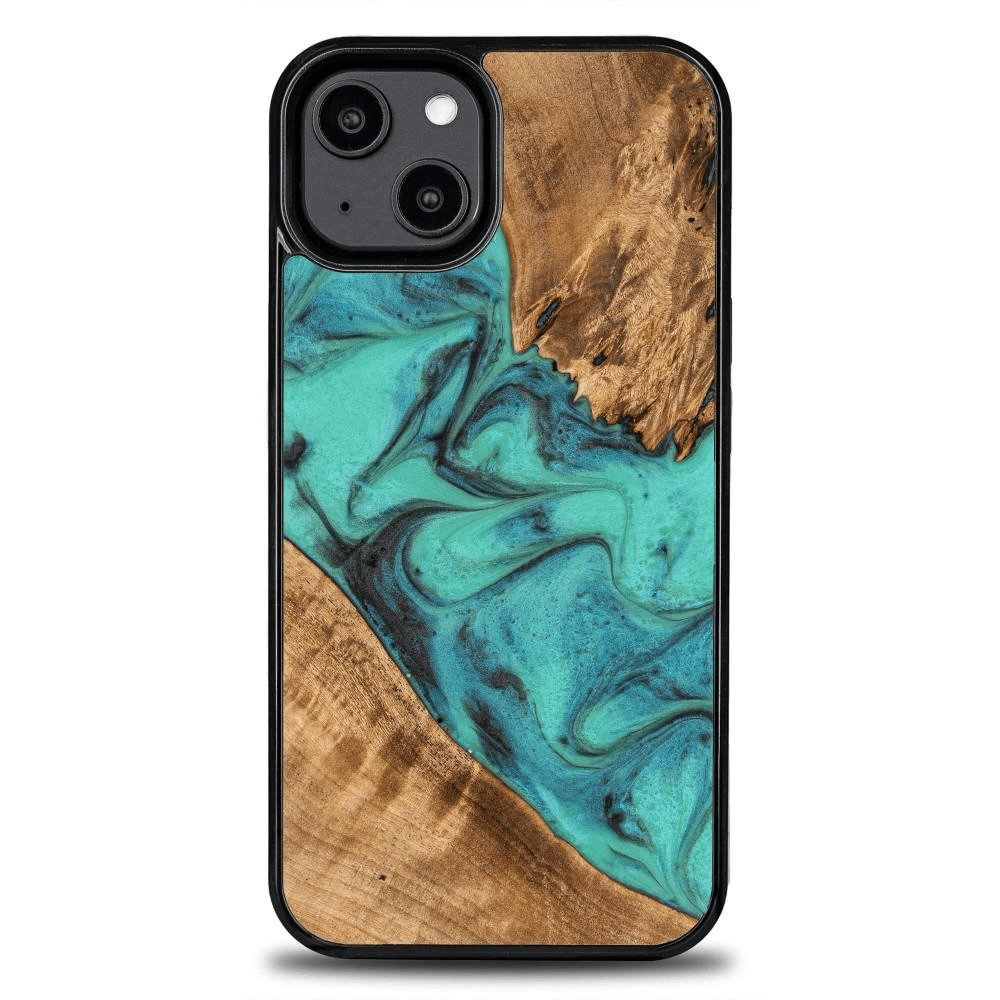 Pouzdro ze dřeva a pryskyřice pro iPhone 15 Plus Bewood Unique Turquoise - tyrkysové a černé