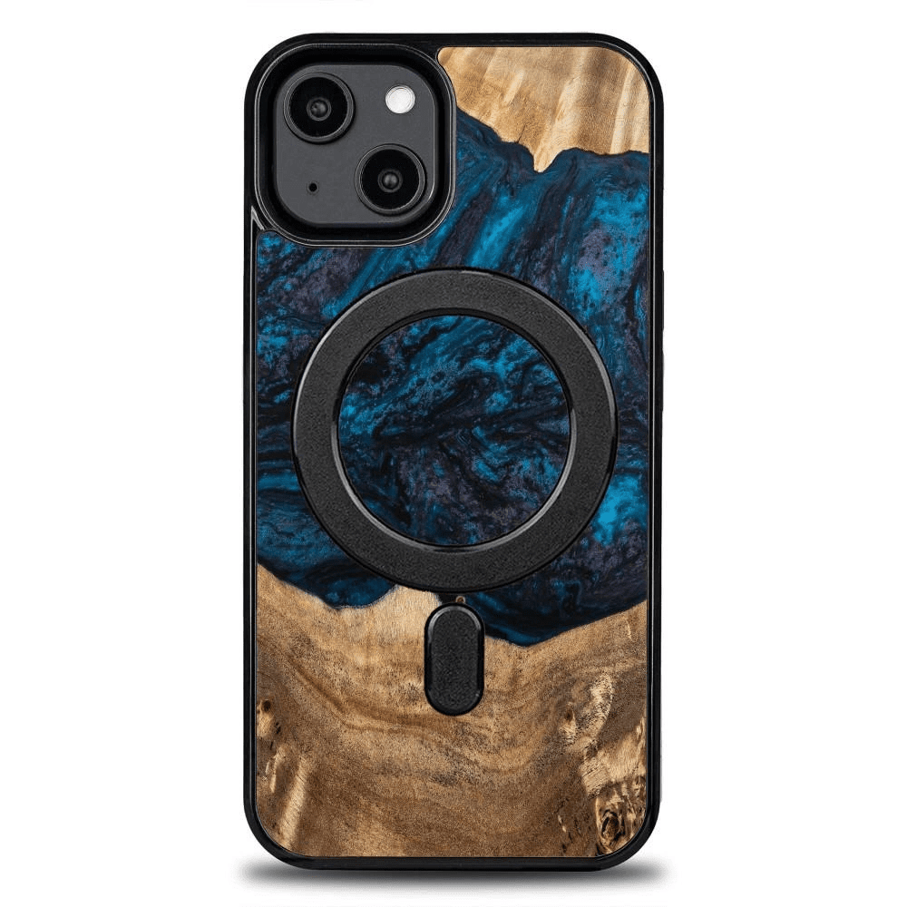 Pouzdro MagSafe Bewood Unique Neptune ze dřeva a pryskyřice pro iPhone 15 Plus - tmavě modré a černé