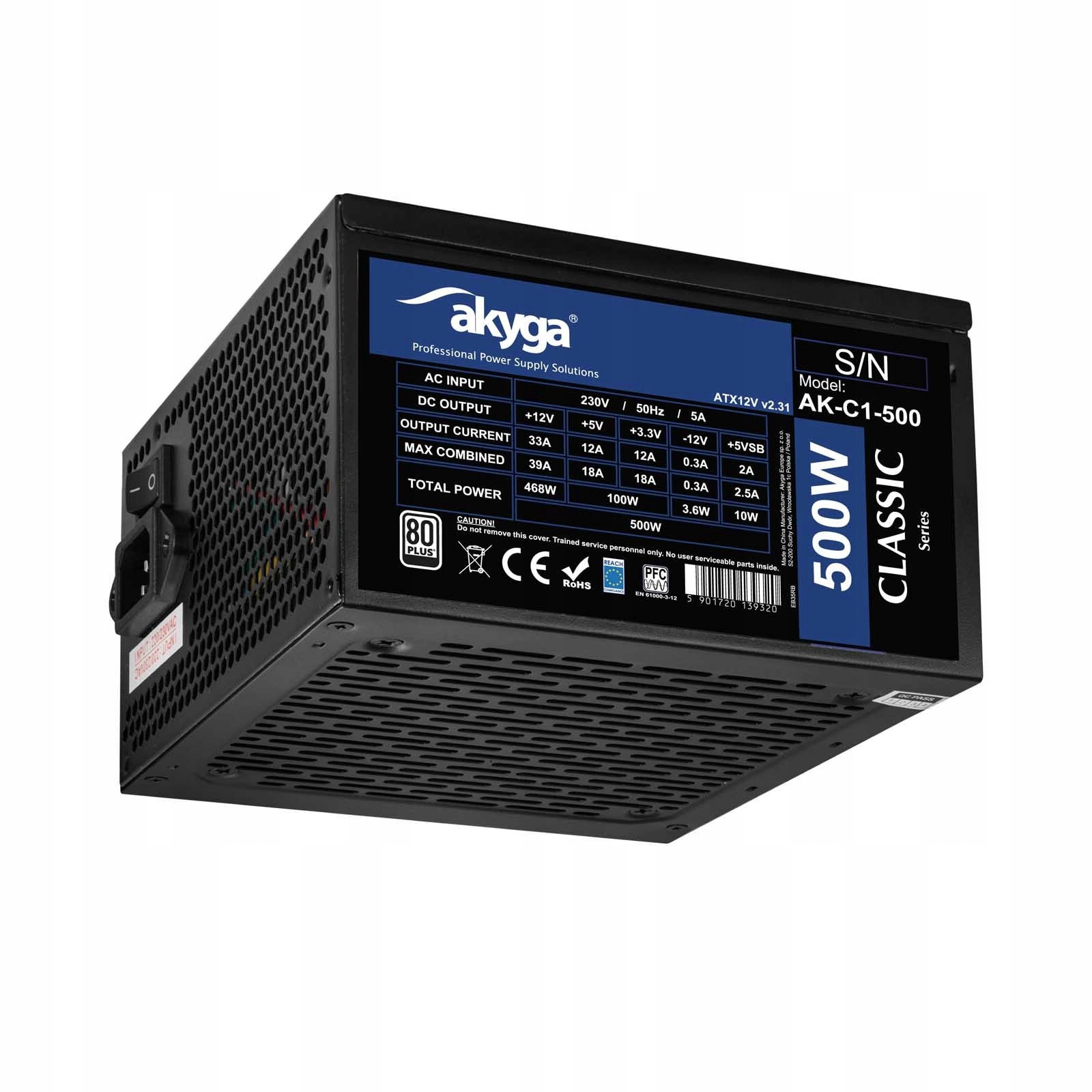 Atx zdroj 500W filtr Apfc Akyga AK-C1-500 80 Plus napájecí adaptér pro počítač