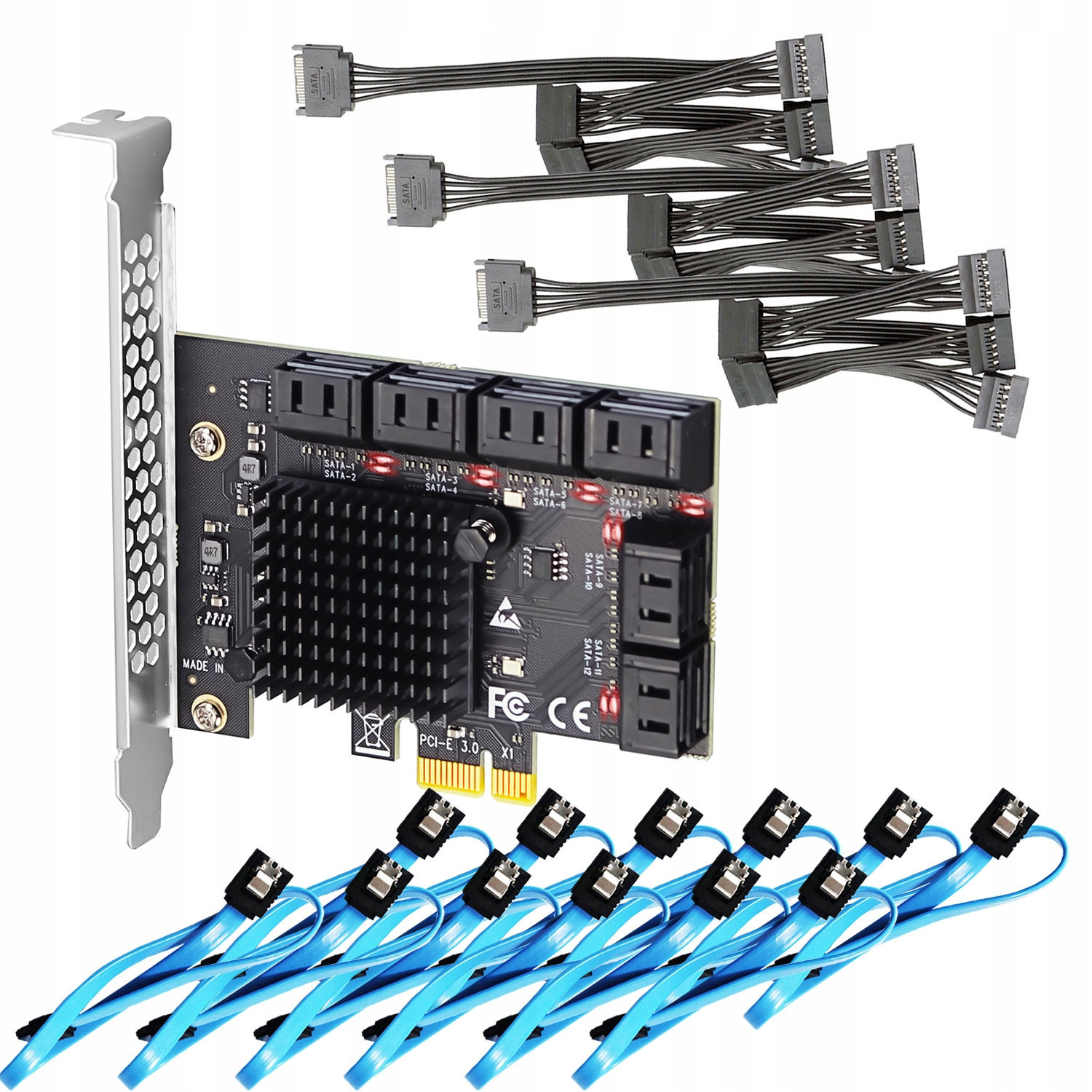 12portová PCIe Sata 3.0 rozšiřující karta, Sata kabel a napájecí kabel