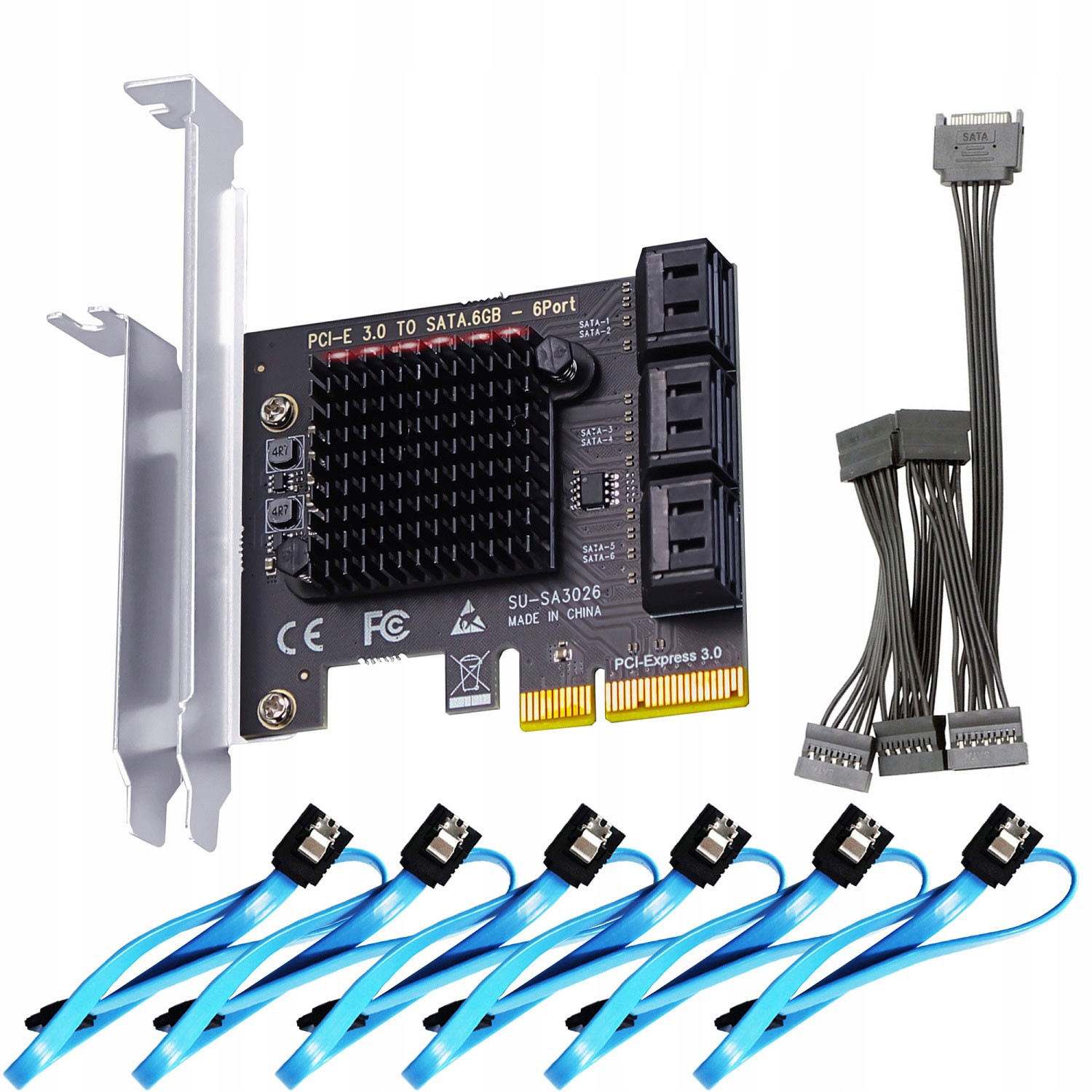 6portová PCIe X4 Sata 3.0 rozšiřující karta, Sata kabel a napájecí kabel