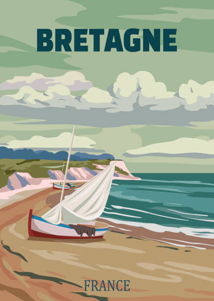 VectorUp Ilustrace Travel poster Bretagne France, vintage sailboat,, VectorUp, (30 x 40 cm)