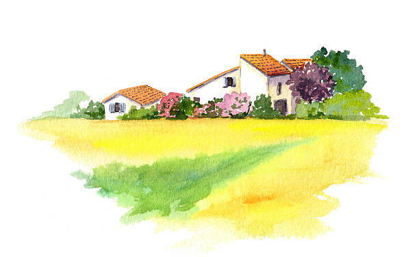 zzorik Ilustrace Rural house and yellow field in, zzorik, (40 x 24.6 cm)