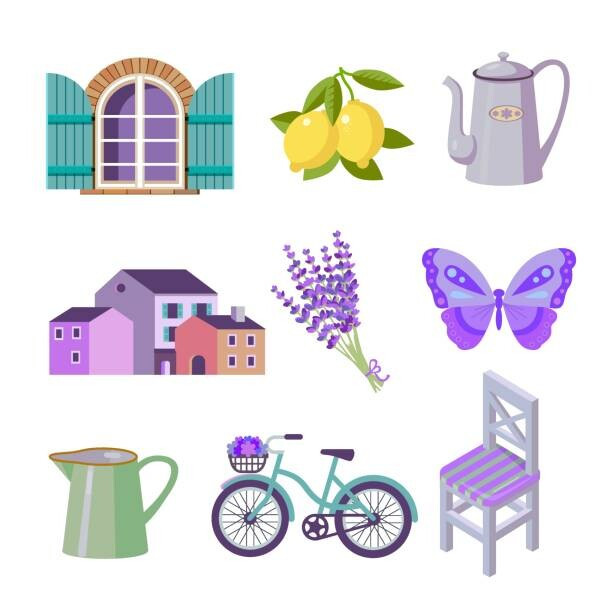 kukurikov Ilustrace set of color flat vector icons for Provence travel, kukurikov, (40 x 40 cm)