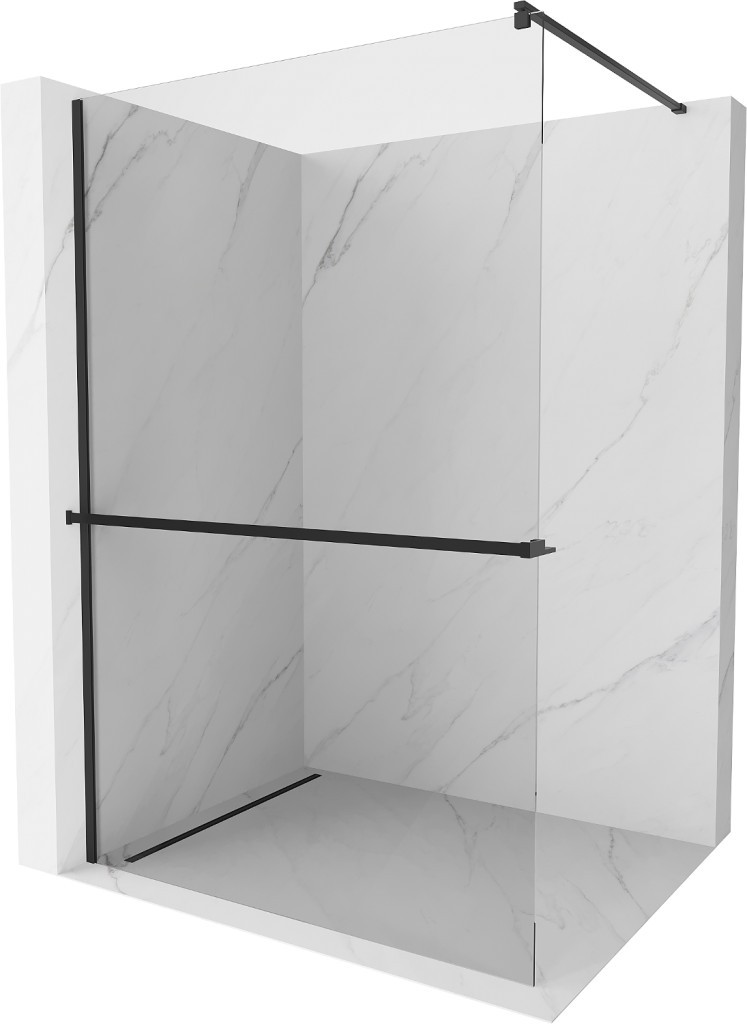 MEXEN/S Kioto+ Sprchová zástěna WALK-IN s poličkou a držákem ručníků 75 x 200, transparent, černá 800-075-121-70-00