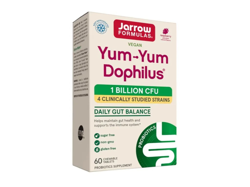 Jarrow Formulas Jarrow Yum-Yum Dophilus, probiotika, 1 milarda CFU, 4 probiotické kmeny, malina, 60 žvýkacích tablet