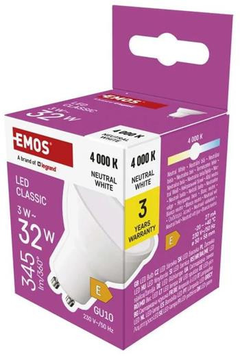 Emos LED žárovka Classic MR16 / GU10 / 3 W (32 W) / 345 lm / neutrální bílá
