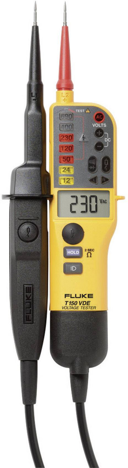 Fluke T150/VDE dvoupólová zkoušečka napětí, Kalibrováno dle (ISO), CAT III 690 V, CAT IV 600 V, LED, LCD, akustika , vibrace