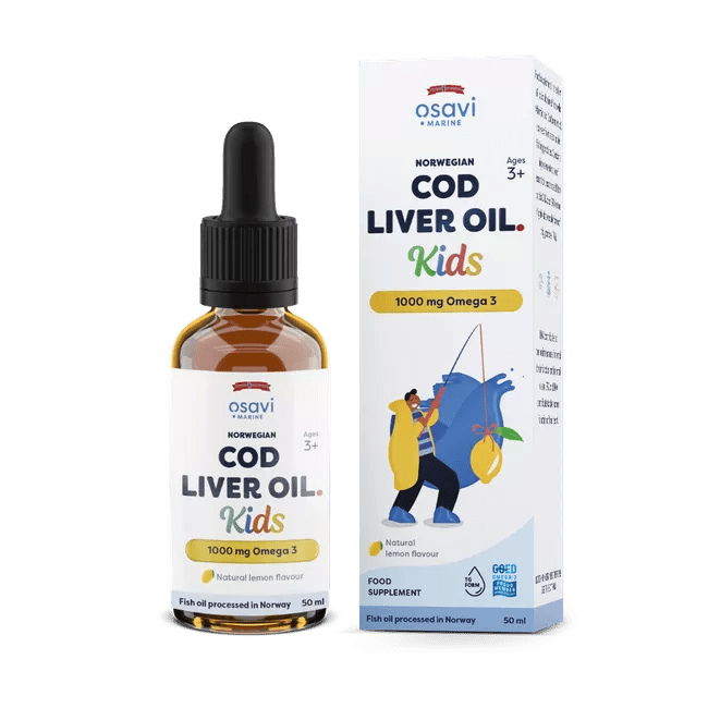 Osavi Norwegian Cod Liver Oil Kids, Norský olej z tresčích jater, pro děti, Omega 3, citrón, 1000 mg, 50 ml