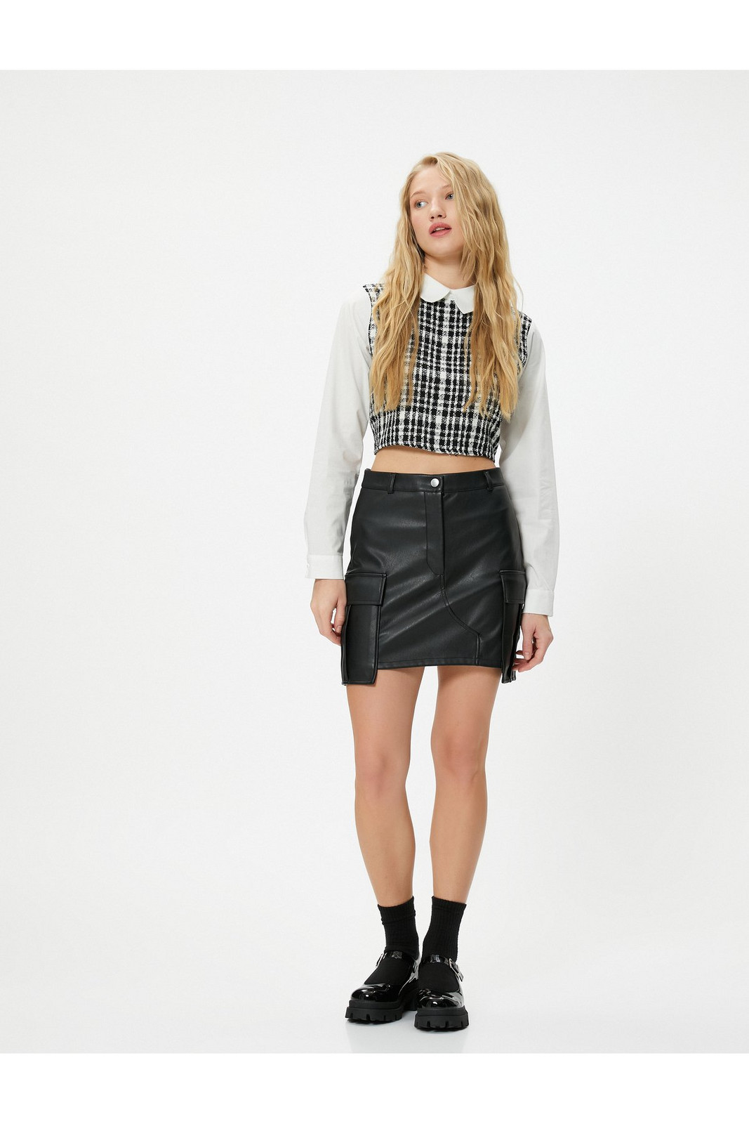 Koton Cargo Faux Leather Mini Skirt With Pocket Standard Waist