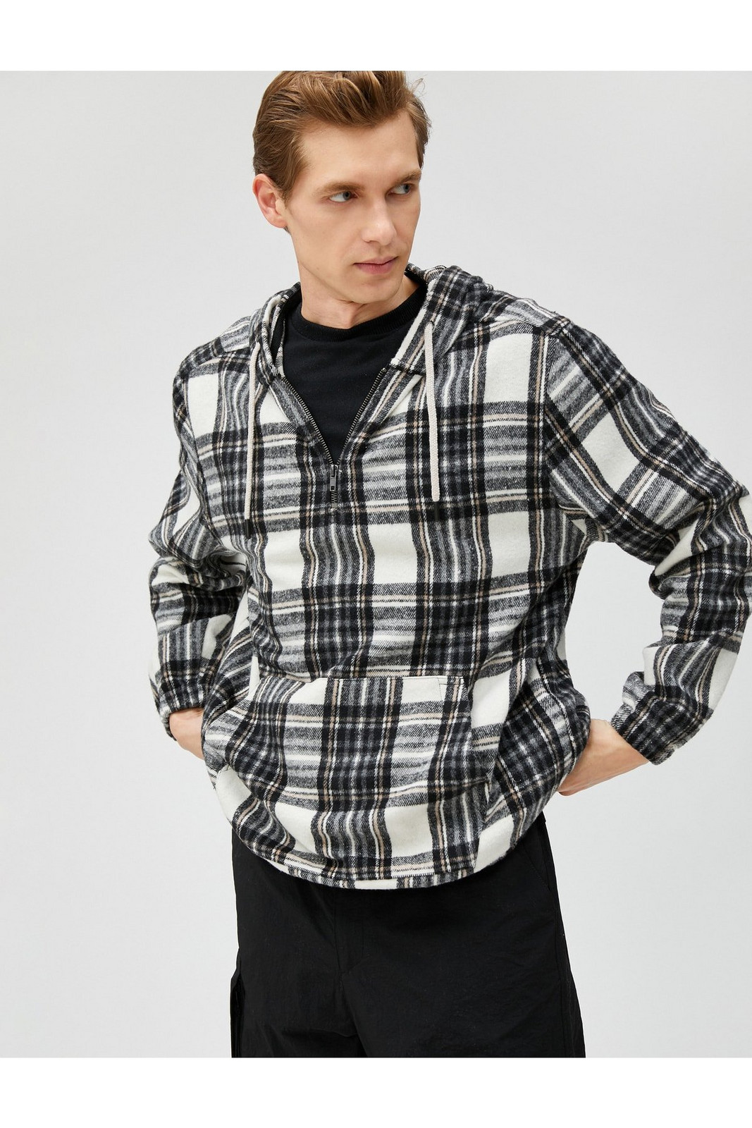 Koton Checkered Hoodie and Sweatshirt Kangaroo Pocket Half-Zip