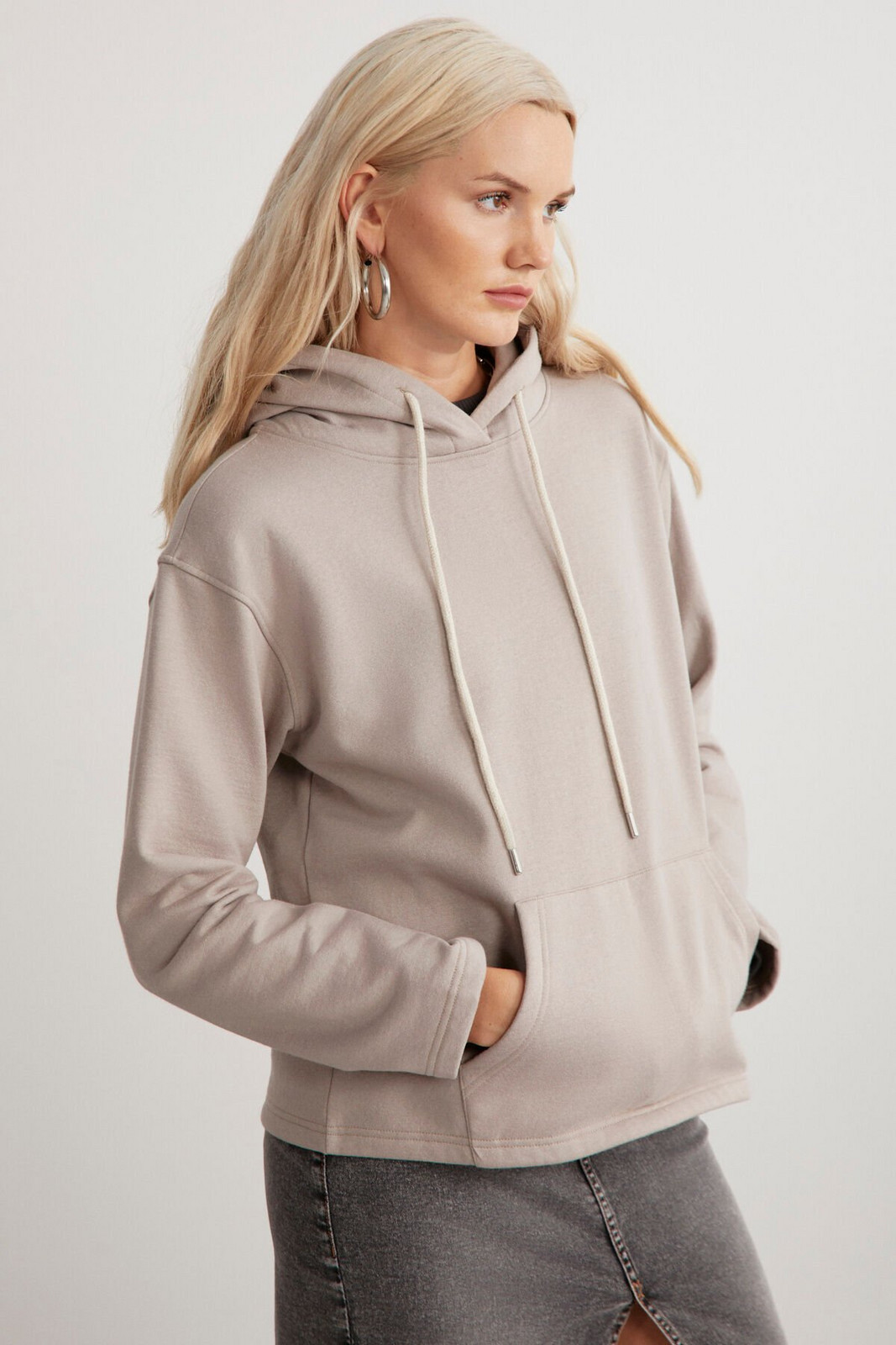 GRIMELANGE Gayle Women's Hooded Relaxed Fit Basic Beige Sweatshirt with Fleece Inside