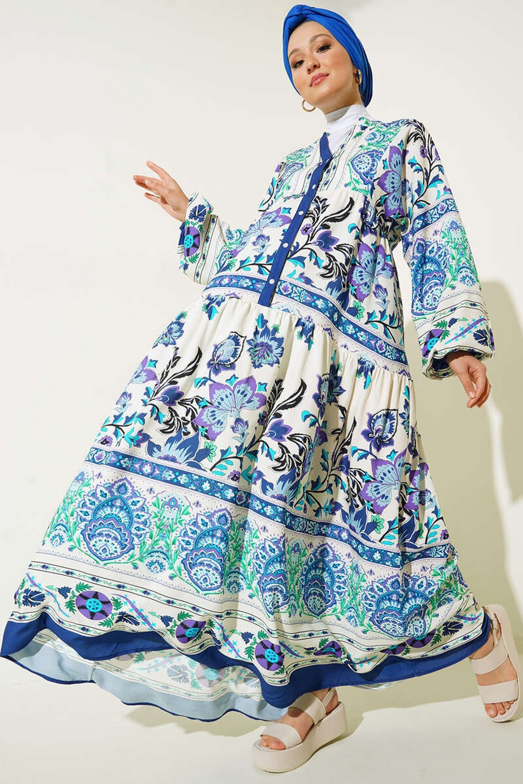 Bigdart 2423 Authentic Patterned Hijab Dress - Sax