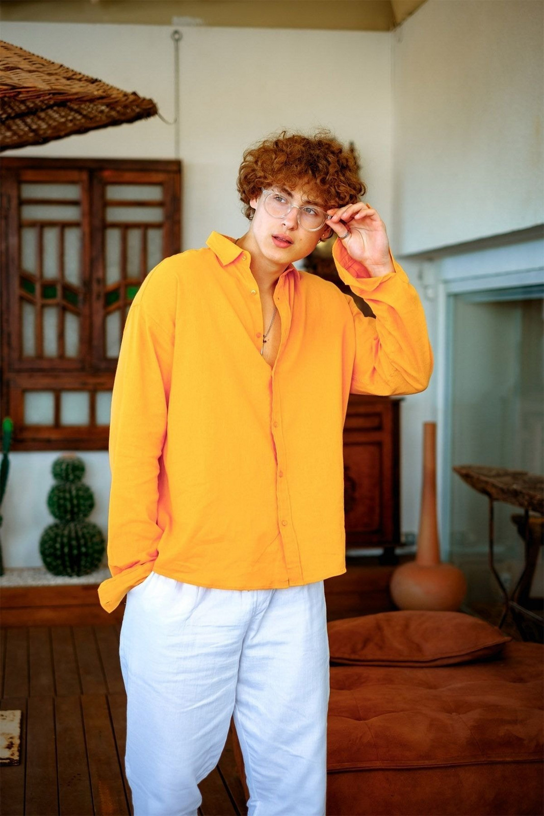XHAN Orange Crinkle Fabric Shirt 3hxe2-46973-11