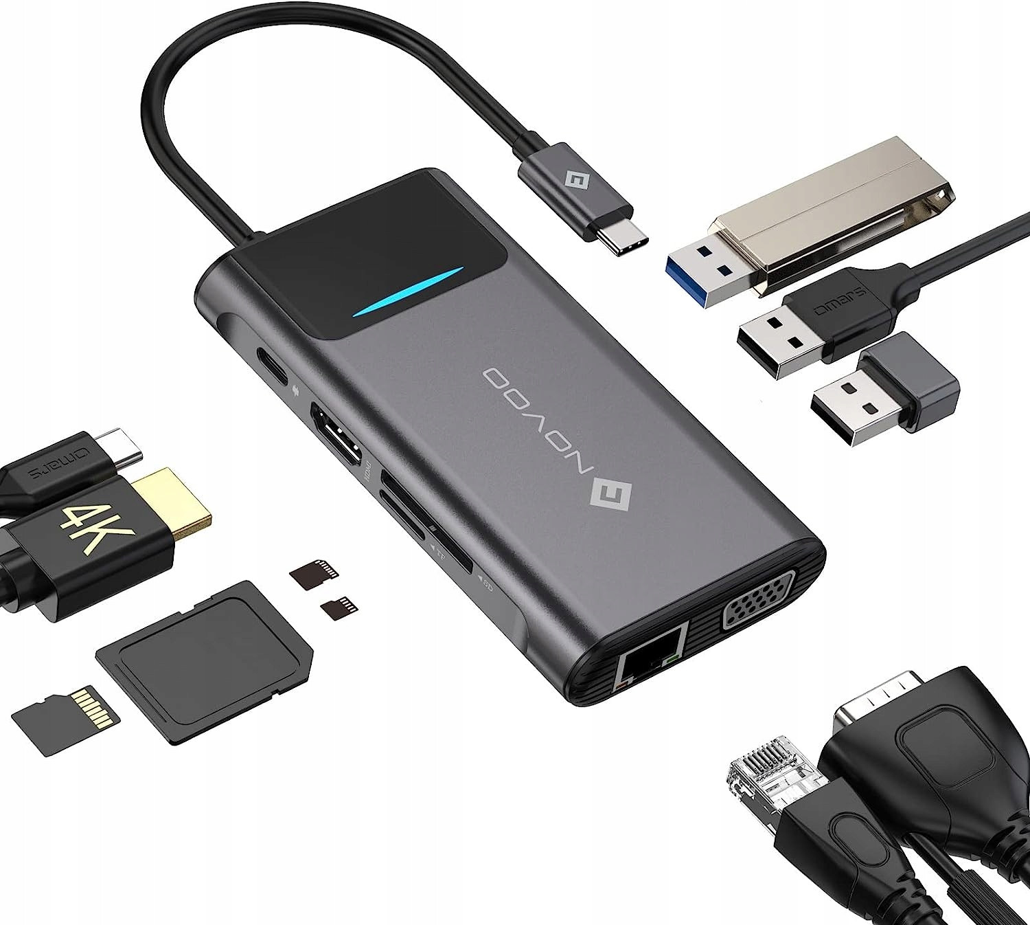 Novoo Hub Usb-c 9 v 1 Vga RJ45 Usb 3.0 Sd Tf Hdmi