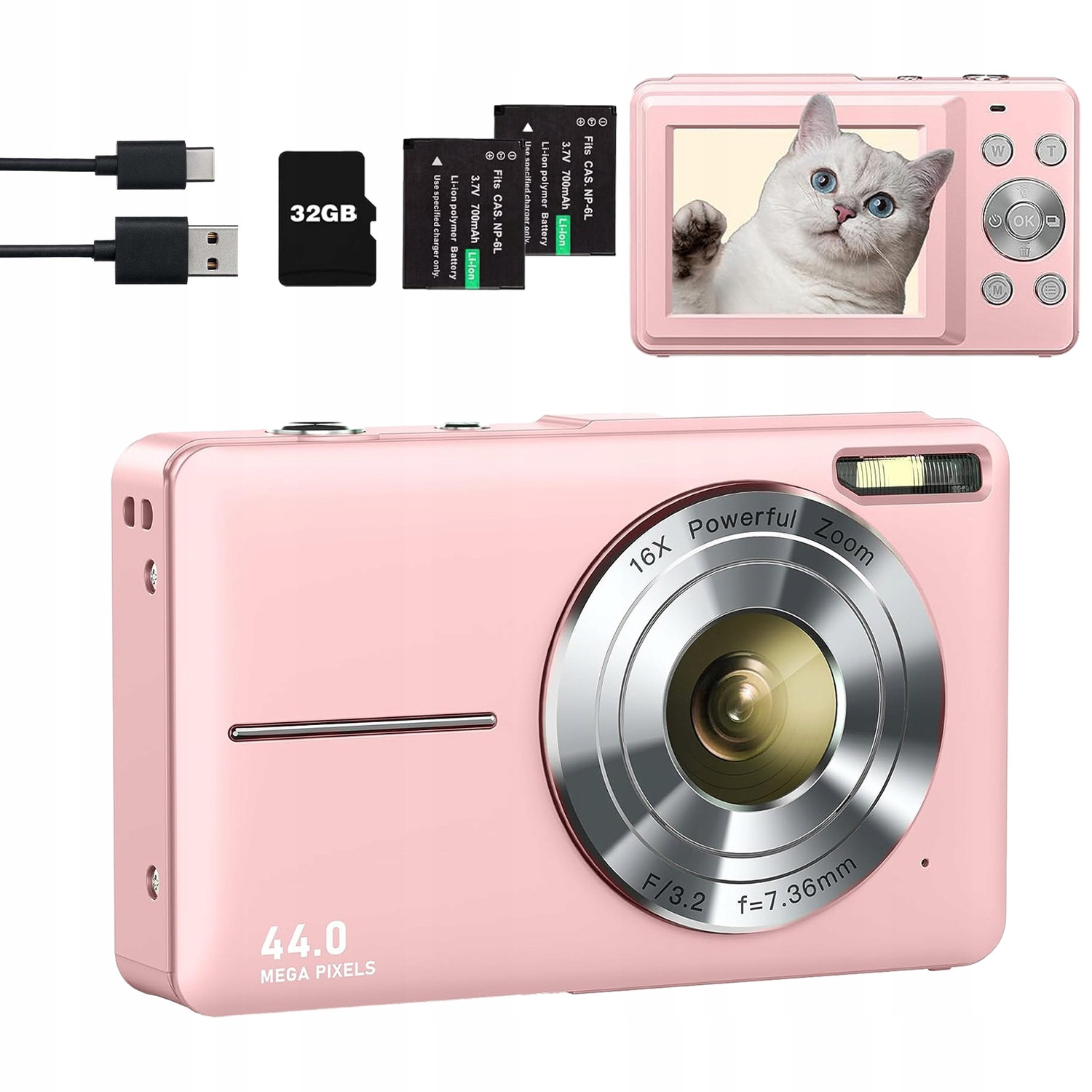 Kompaktní Digitální Fotoaparát Přenosný Hd 1080P 44MP 32G 16NÁSOBNÝ Zoom Růžový