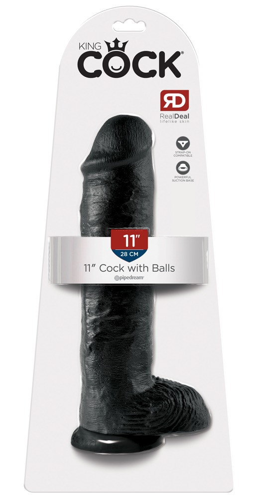 King Cock 11 - velké připínací, testikulární dildo (28 cm) - černé