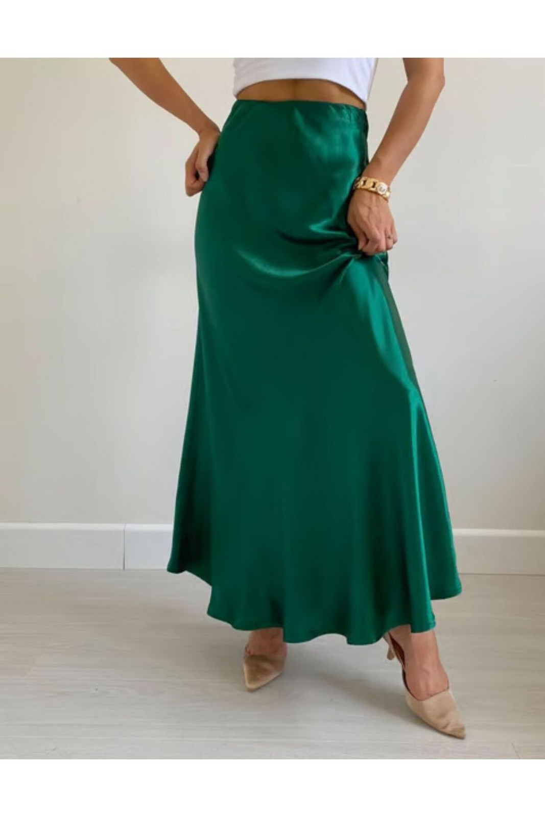 Laluvia Emerald Satin Skirt with Hidden Side Zipper and Elastic Waist