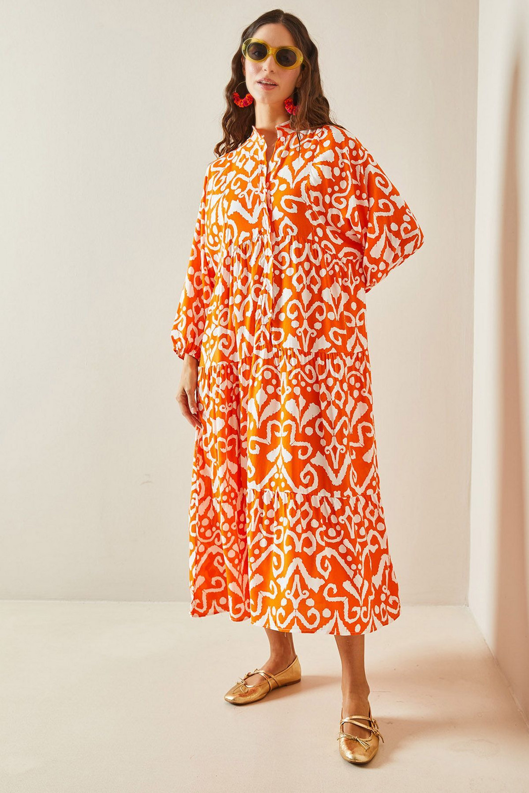 XHAN Orange Ethnic Patterned Maxi Dress