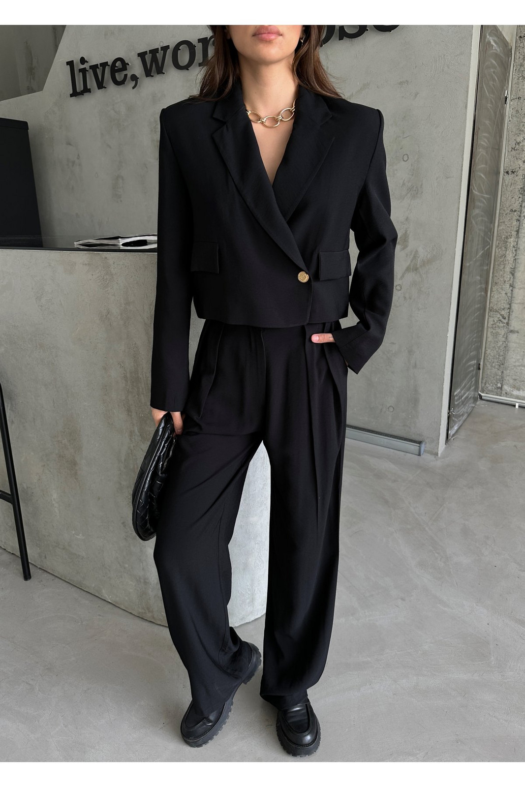Laluvia Black Double Breasted Crop Jacket Palazzo Pants Suit