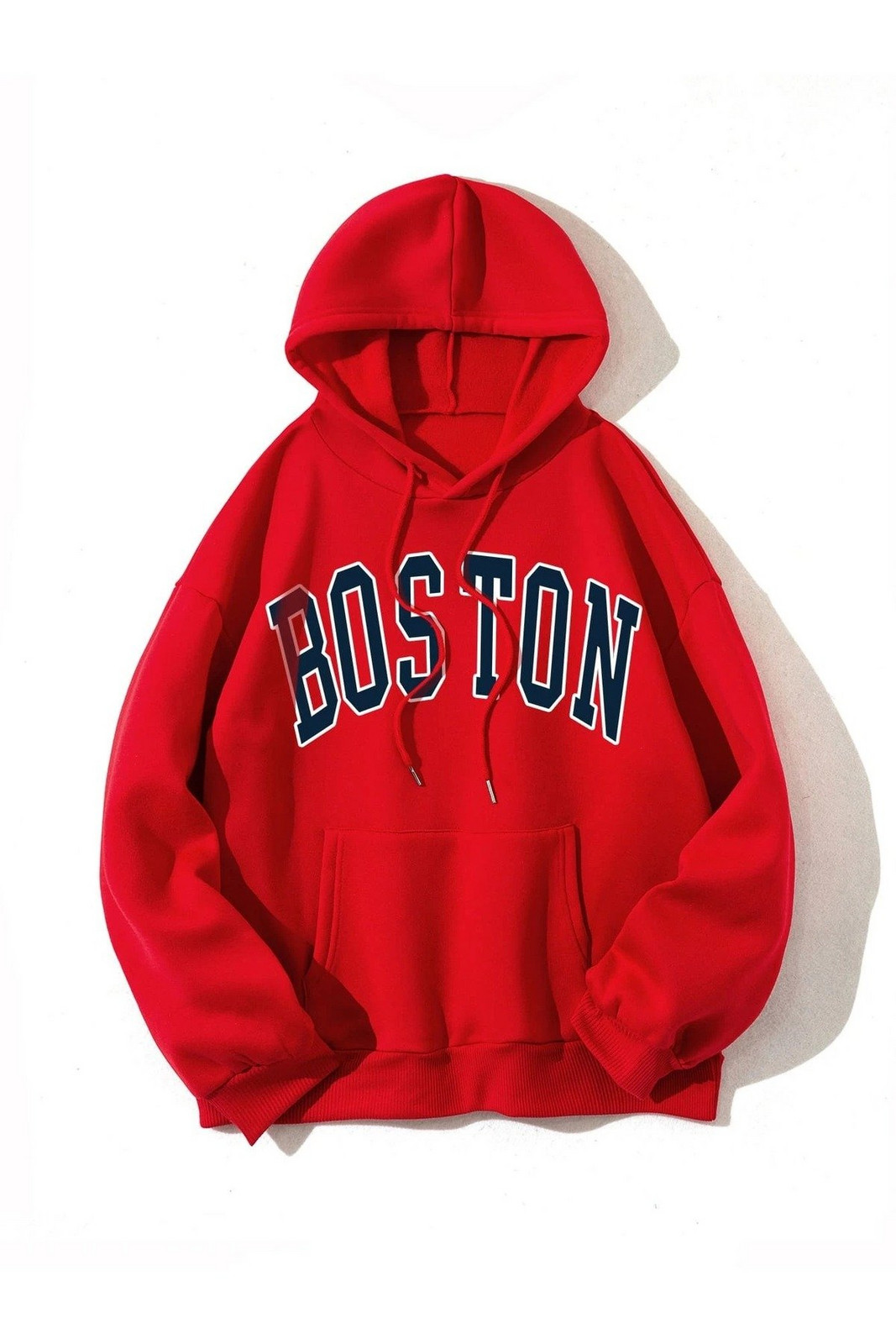 Know Unisex Red Oversize Boston Printed Sweatshirt with Hoodie