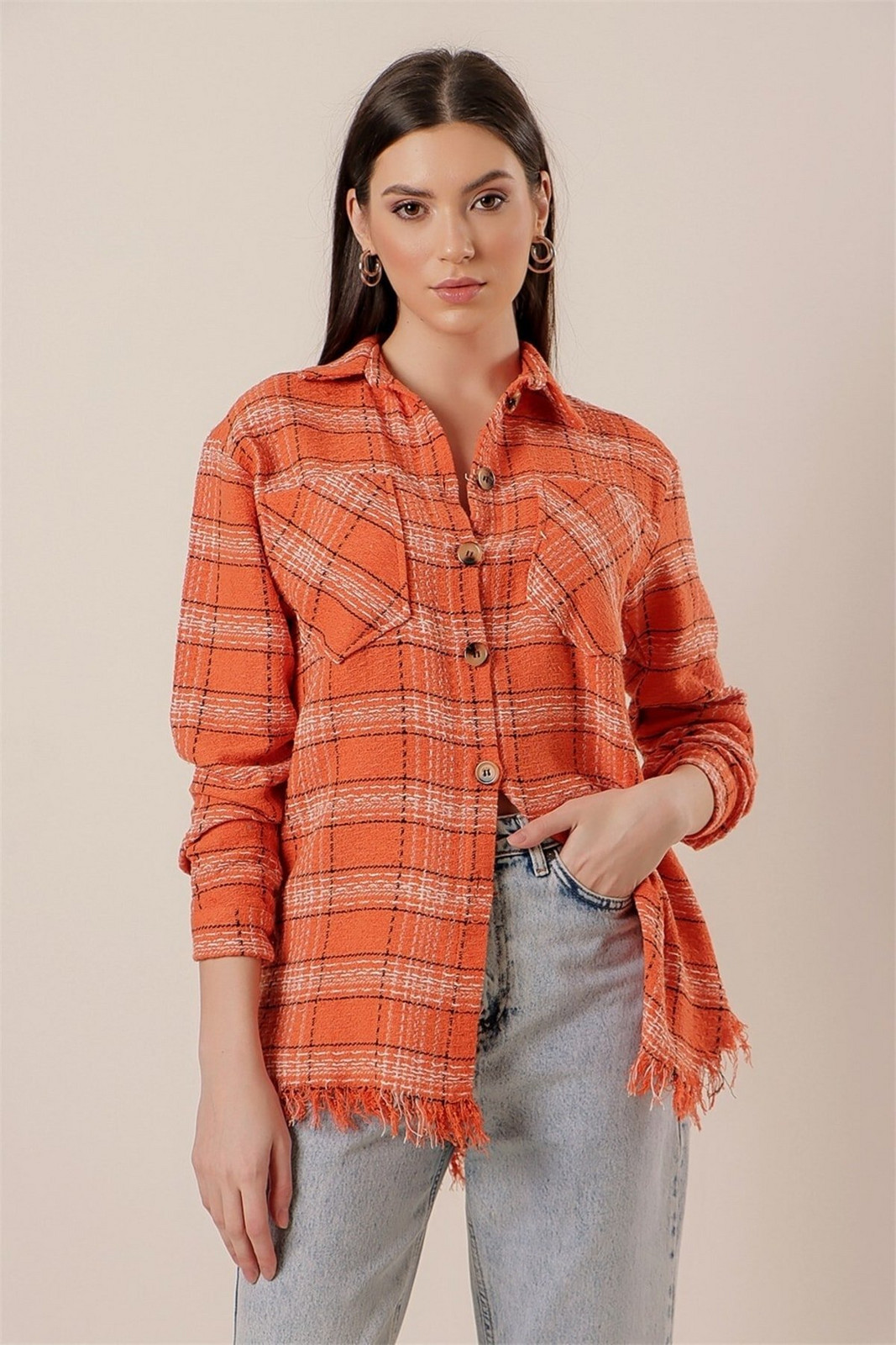 By Saygı Large Checkered Shanel Shirt Orange with Tassels Skirt