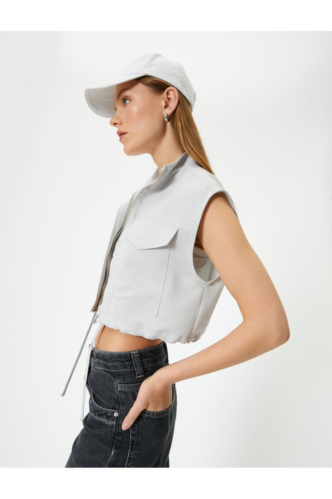 Koton Crop Vest with Zippered Flap Pockets Standing Collar