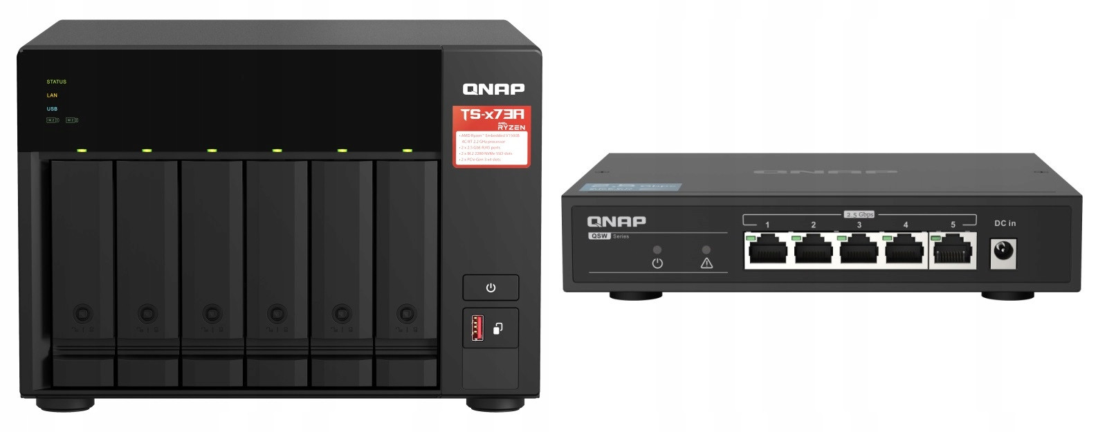 Nas souborový server Qnap TS-673A-8G switch QSW-1105-5T 2,5 GbE TS-673A-SW5T