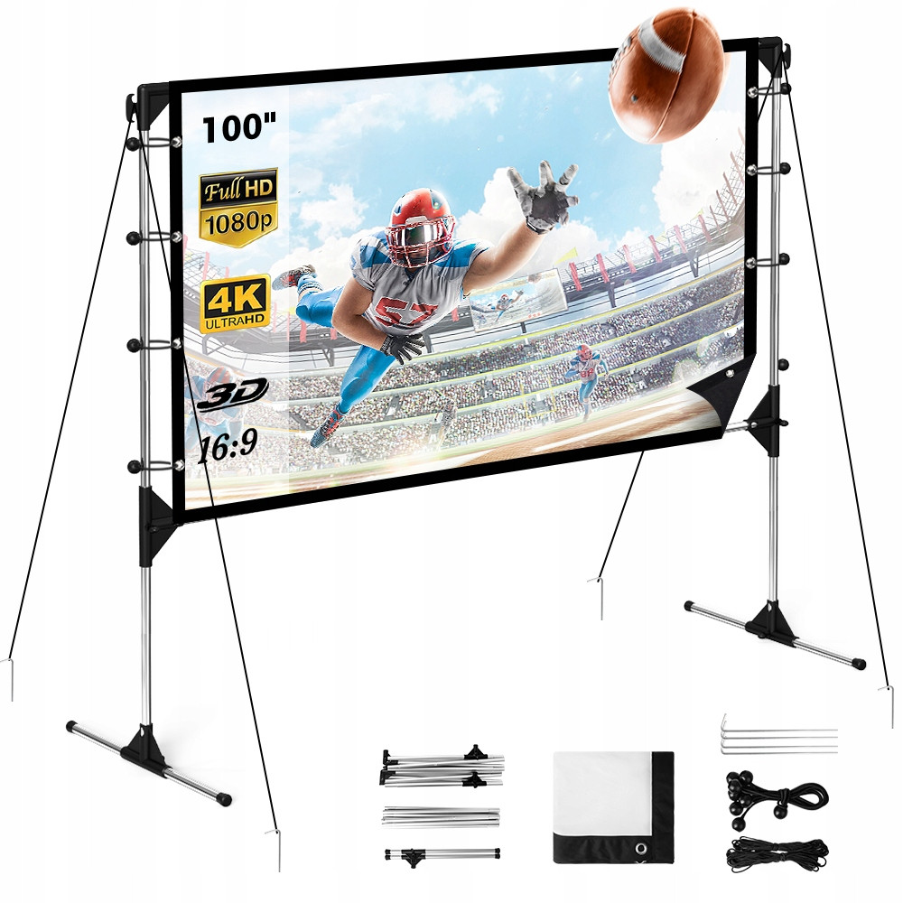 Ekran Projekcyjny 100 Cali 16:9 Przenośny 220 x 125 cm Ze Stojakiem