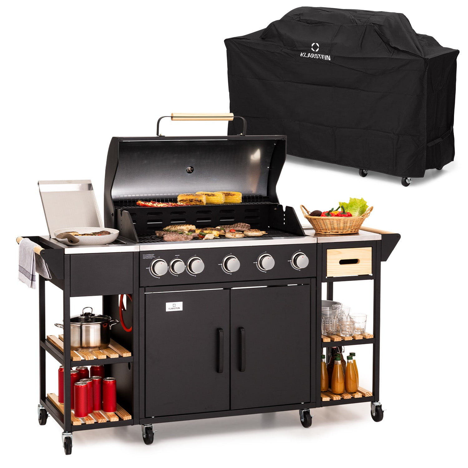 Klarstein Jersey Outdoor Kitchen s plynovým grilem a dřezem, 20,7 kW, 5+1 hořáky, přenosná