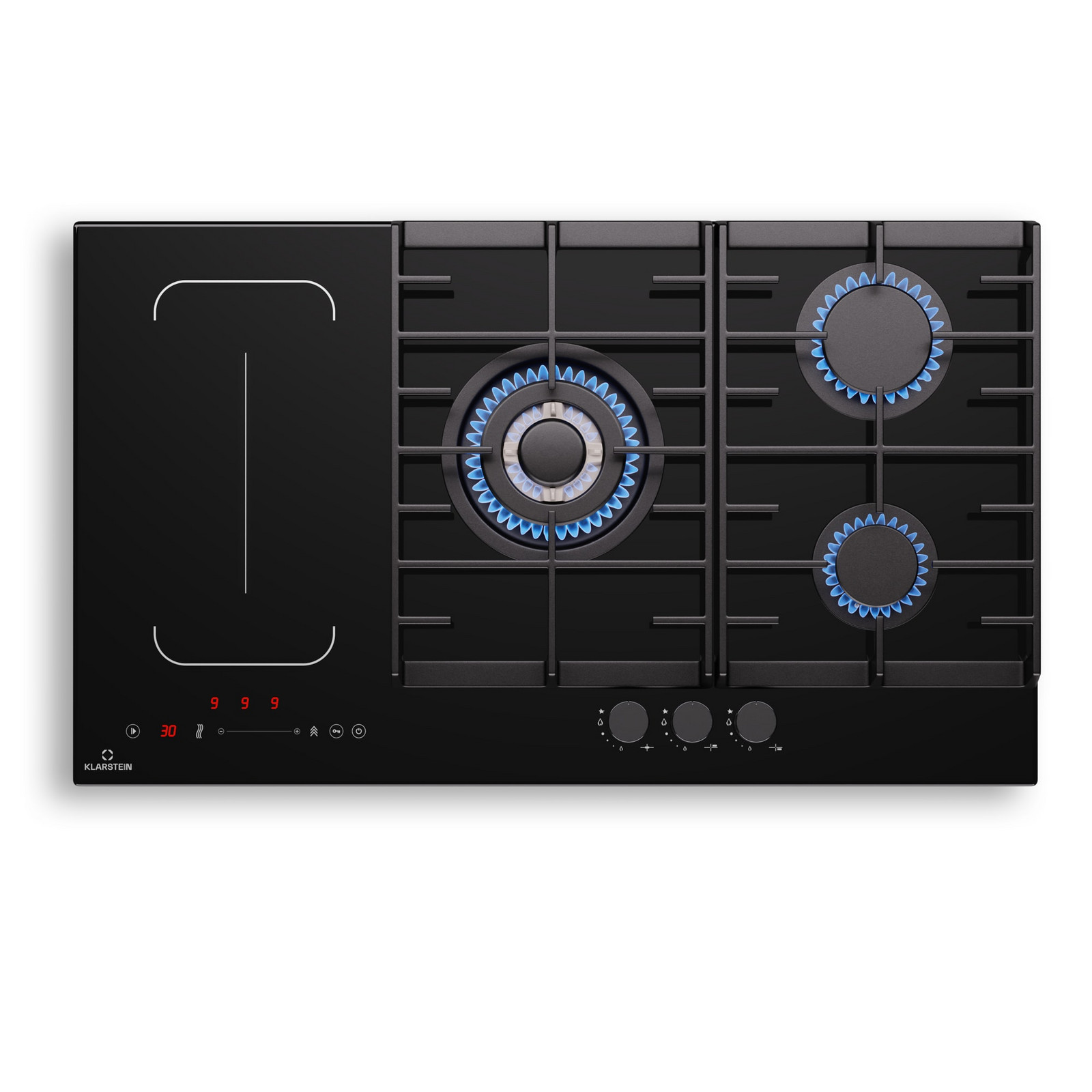 Klarstein MultiChef 5, indukční a plynová varná deska, 5 varných zón, 3 plynové hořáky, 2 indukční varné desky, FlexZone