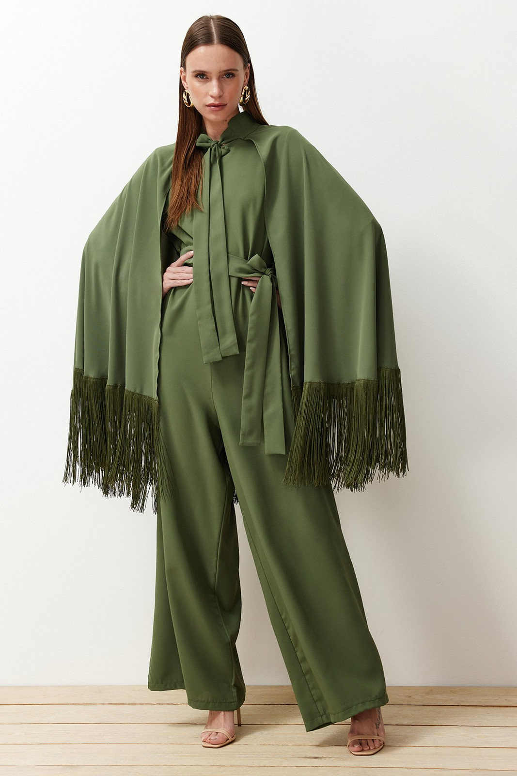 Trendyol Khaki Tasseled Cape-Jumpsuit Evening Dress Suit
