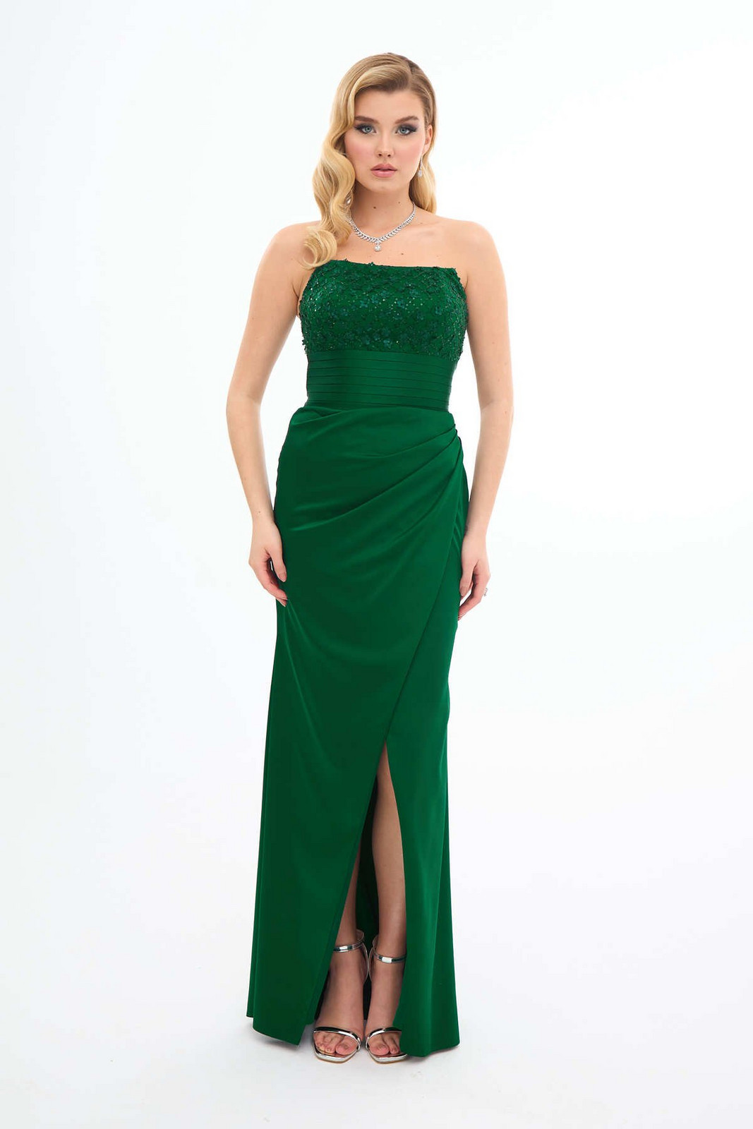 Carmen Emerald Strapless Slit Satin Evening Dress