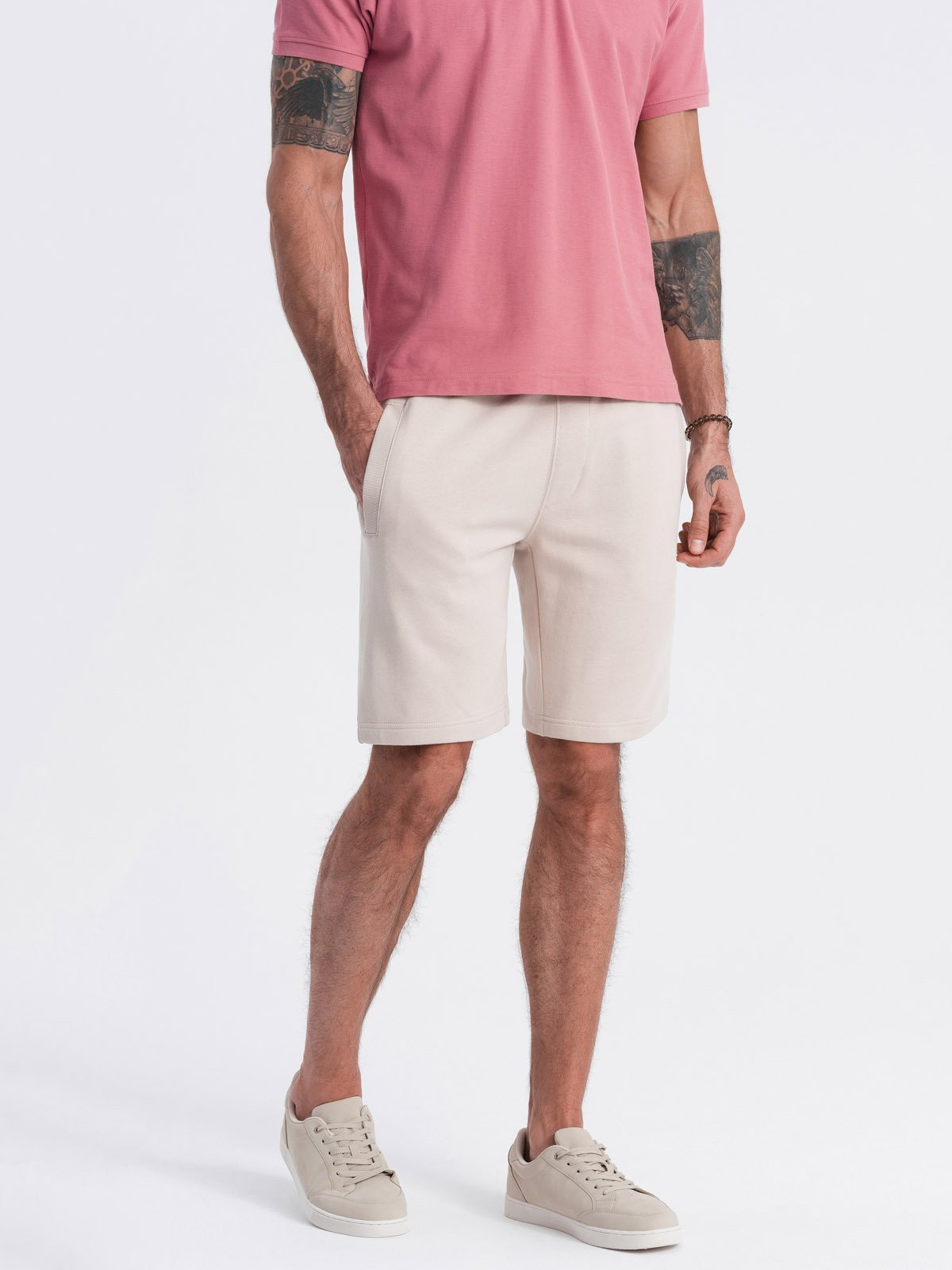 Ombre Men's knit shorts with drawstring and pockets - light beige