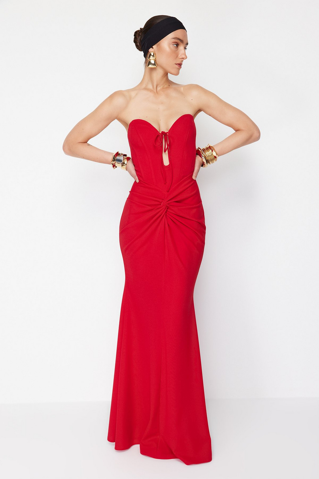 Trendyol X Zeynep Tosun Red Fish Knitting Detailed Long Evening Dress & Graduation Dress