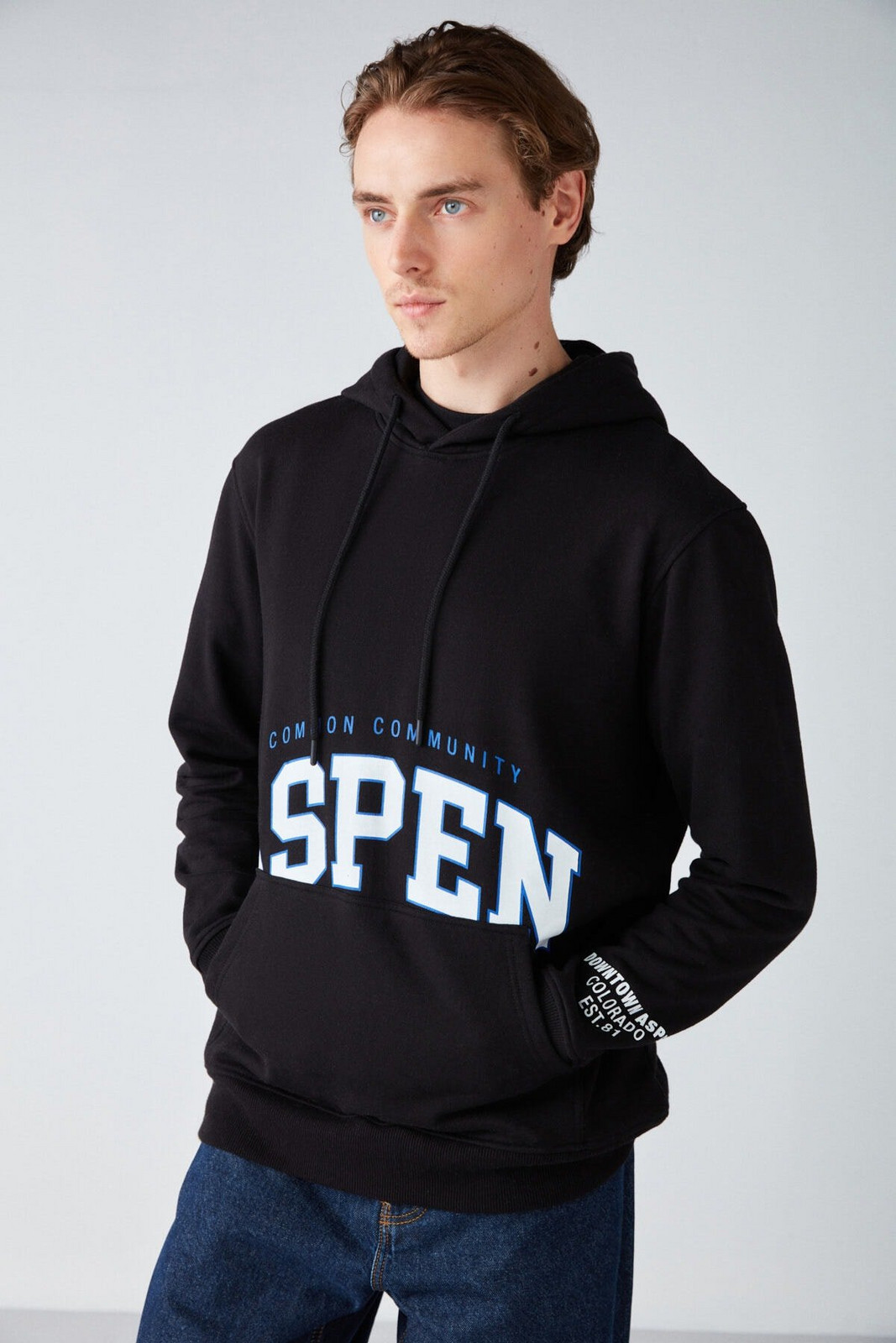 GRIMELANGE Aspen Men's Hooded Printed Fleece Black Sweatshirt