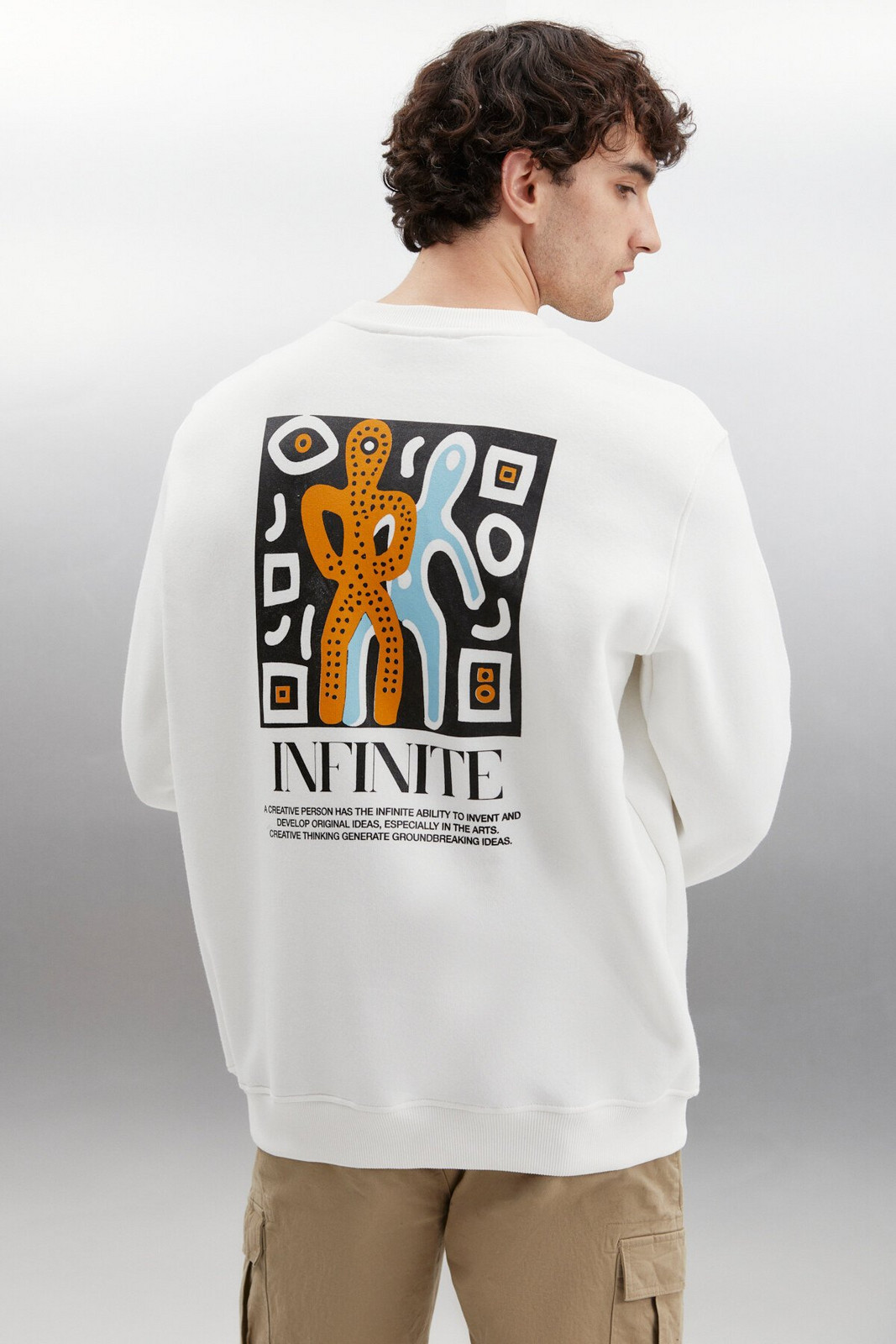 GRIMELANGE Falk Men's Round Neck Art Printed Ecru Sweatshirt with Fleece Inside