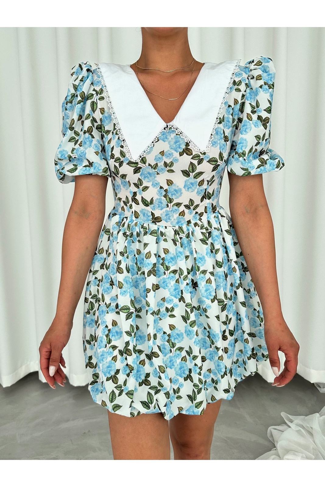 Laluvia Blue Baby Neck Floral Balloon Dress