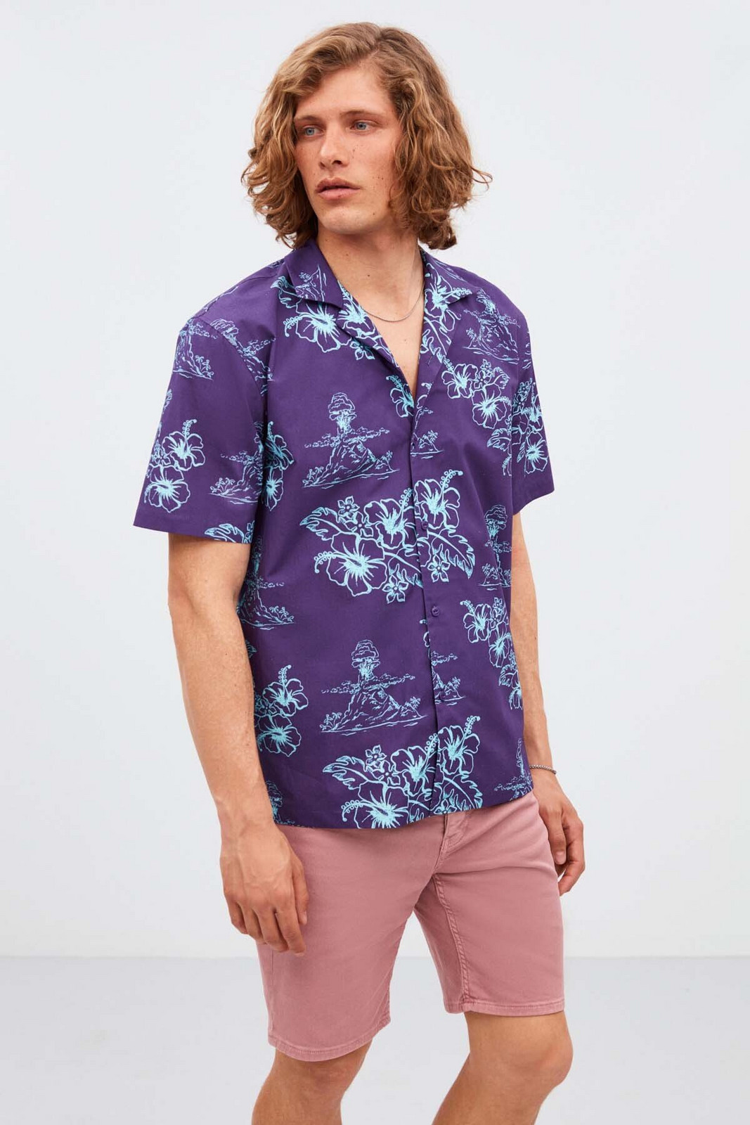 GRIMELANGE Almeira Men's 100% Cotton Poplin Fabric Patterned Summer Purple Shirt