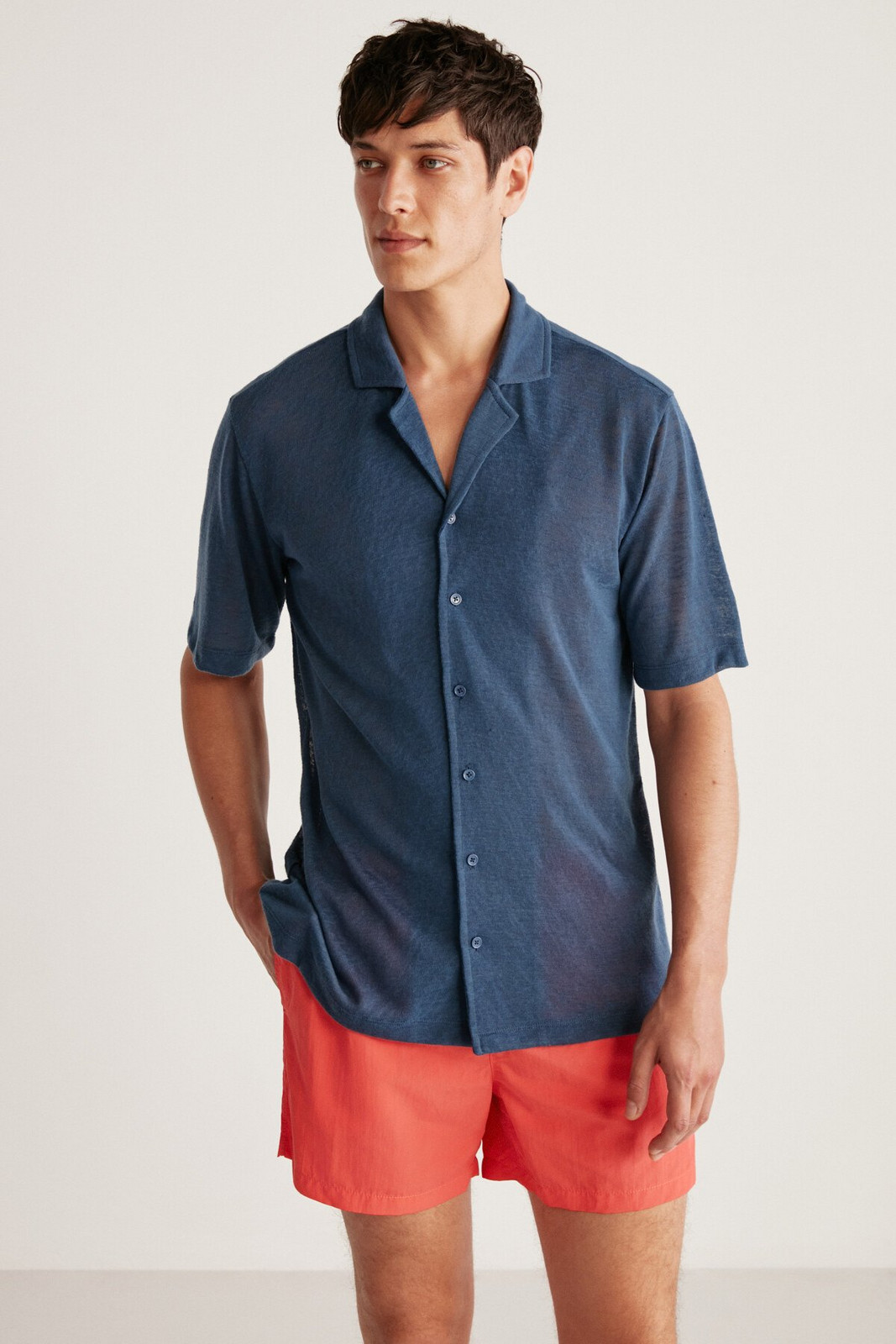GRIMELANGE Doug Men's Linen Look Regular Fit Tirile Tiril Fabric Summer Navy Blue Shirt